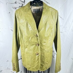 Ann Taylor Leather Jacket 3-Button Up Front Light Olive Green Lined SEE FLAWS